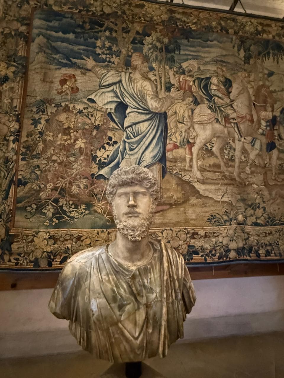 Marble bust of a bearded Roman in front of a tapestry