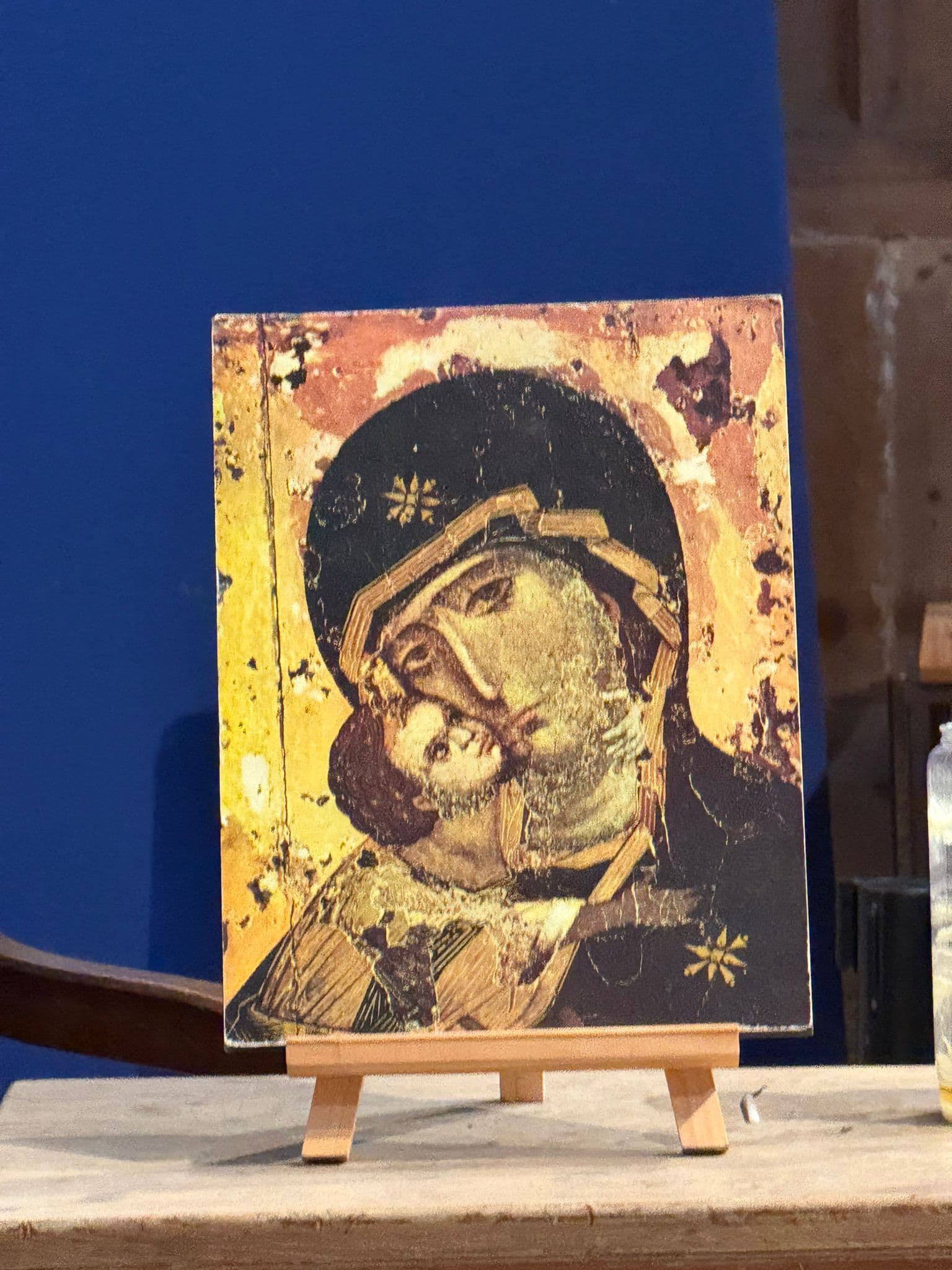 Painted icon of the Virgin and Child on a small easel